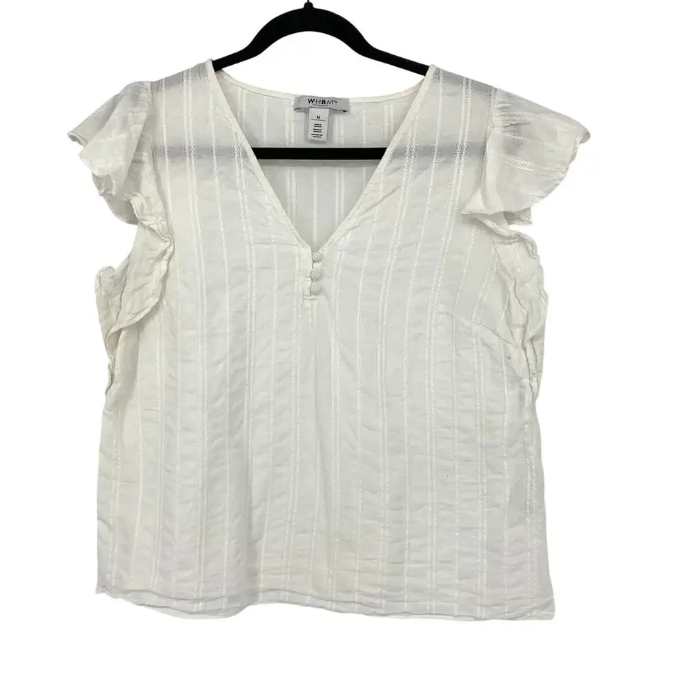 White House Black Market Flutter Sleeve V-Neck Blouse Womens Sz M White Stripe